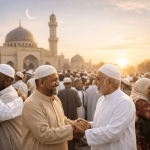 Muslim men shaking hands and greeting each other after Eid Al Fitr prayer outside a mosque at sunrise, surrounded by a large festive crowd.