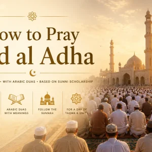 How to pray Eid Al adha prayer outdoor Eid al-Adha congregational prayer scene at sunrise with worshippers gathered before a grand mosque in soft ivory and golden tones.