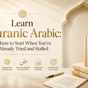 Learn Quranic Arabic with a luxury minimalist Islamic design featuring elegant ivory and gold tones, symbolic Quran, and educational editorial styling for beginners restarting their Arabic journey.