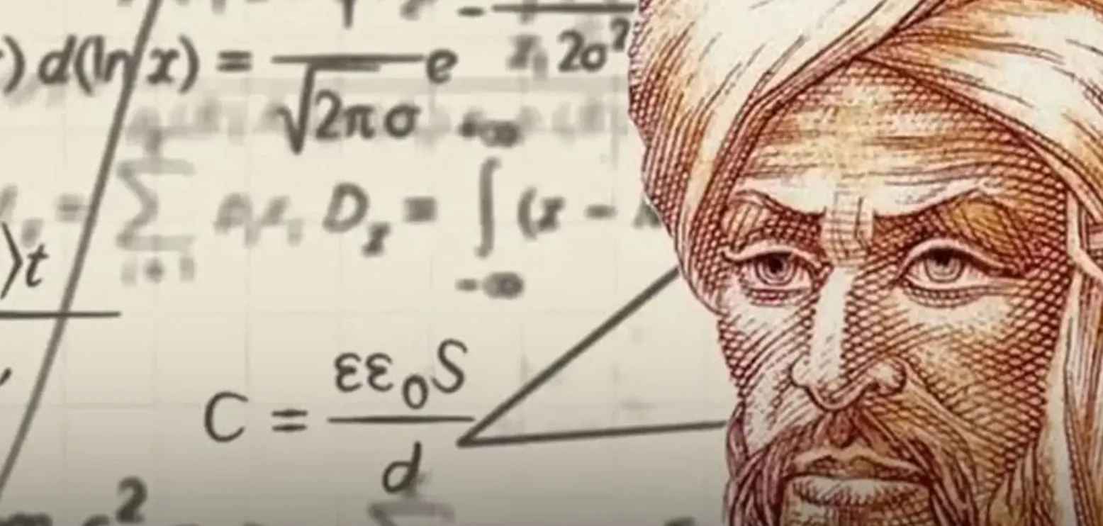 A sketched portrait of Al-Khwarizmi, the 9th-century Persian mathematician, layered over handwritten mathematical equations including calculus notation and a geometric triangle — representing his role in transmitting Arabic numerals and laying the groundwork for algebra.

