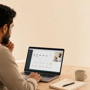 Adult learner studying Arabic through an online course on a laptop as part of Arabic courses online for beginners