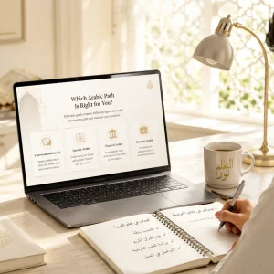 Student comparing different Arabic learning paths on a laptop before choosing the right Arabic tutor for conversational, Quranic, Classical, or Business Arabic.