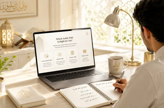 Student comparing different Arabic learning paths on a laptop before choosing the right Arabic tutor for conversational, Quranic, Classical, or Business Arabic.