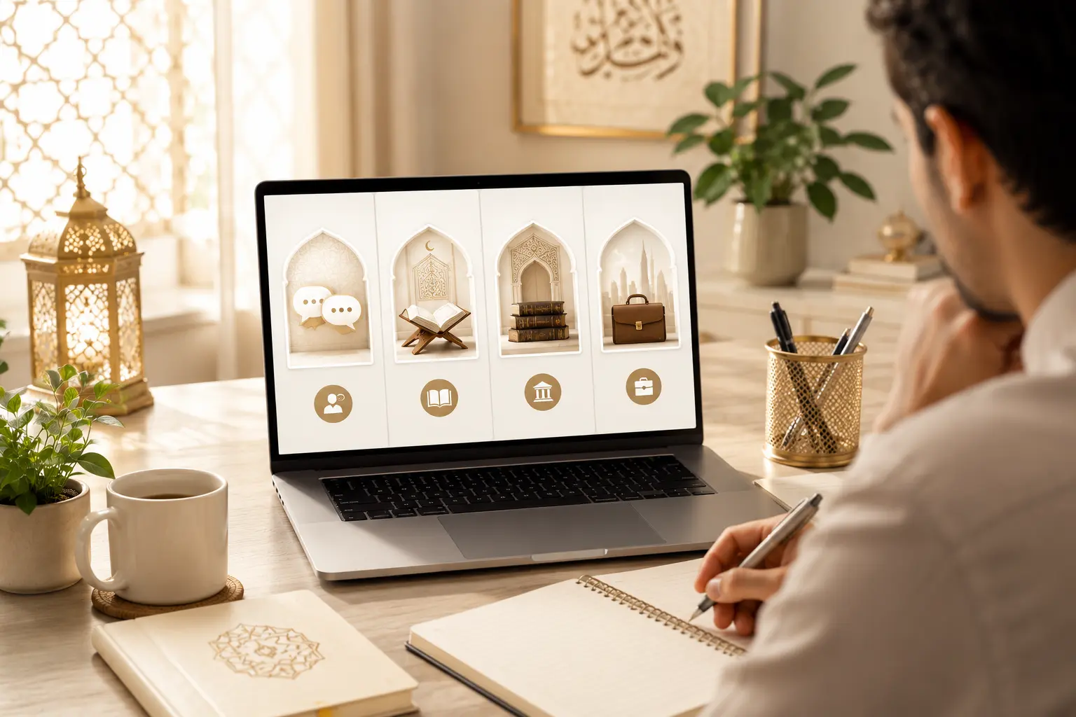 Student comparing different Arabic learning paths on a laptop to choose the right Arabic tutor for conversational, Quranic, Classical, or Business Arabic.