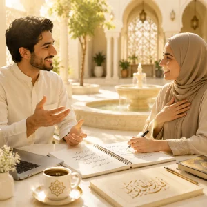 Arabic teacher and student smiling during a lesson while learning how to say thank you in Arabic using Shukran and Jazak Allahu Khayran.