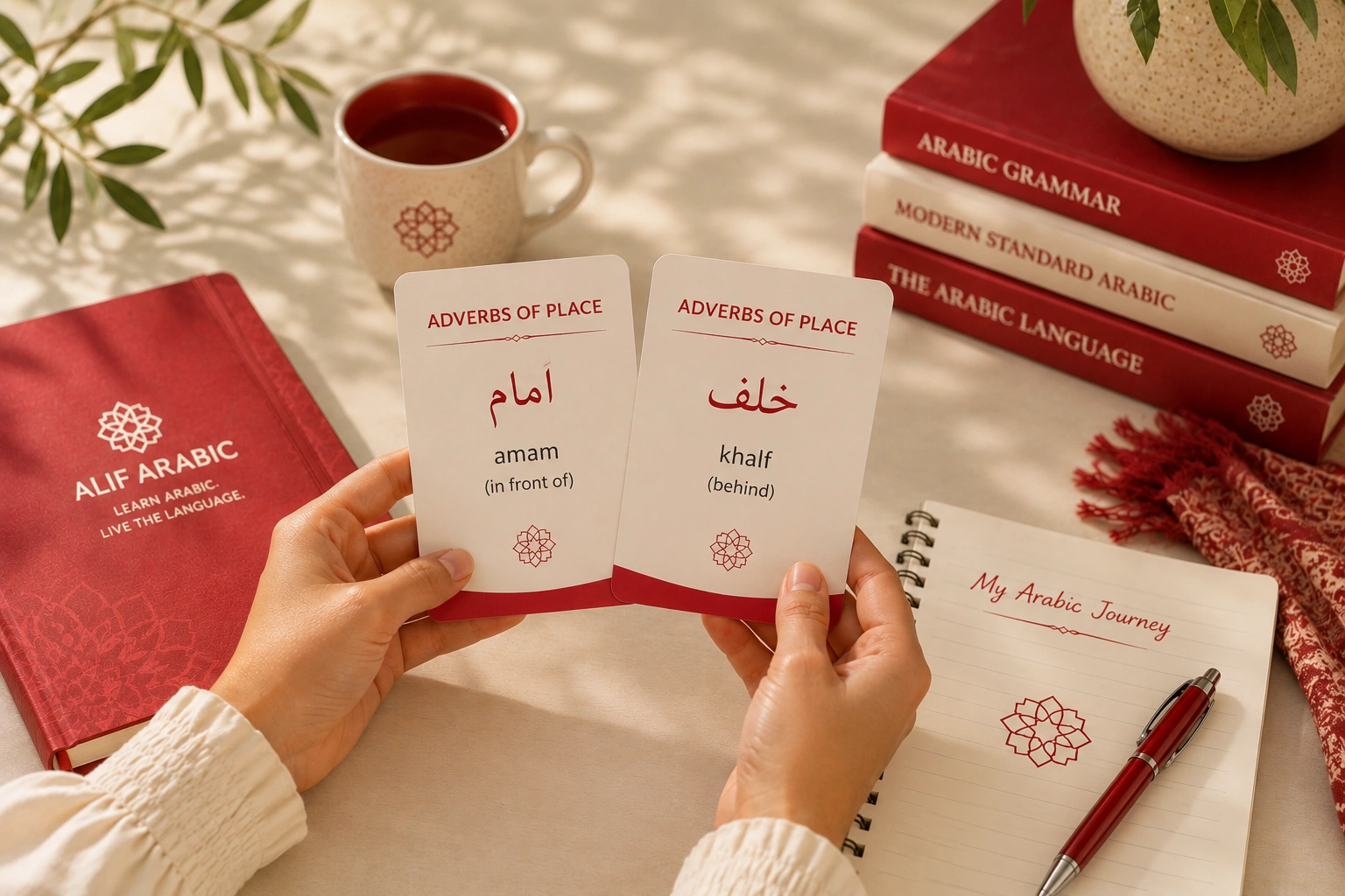 Hands holding Alif Arabic flashcards showing amam (in front of) and khalf (behind), Arabic adverbs of place