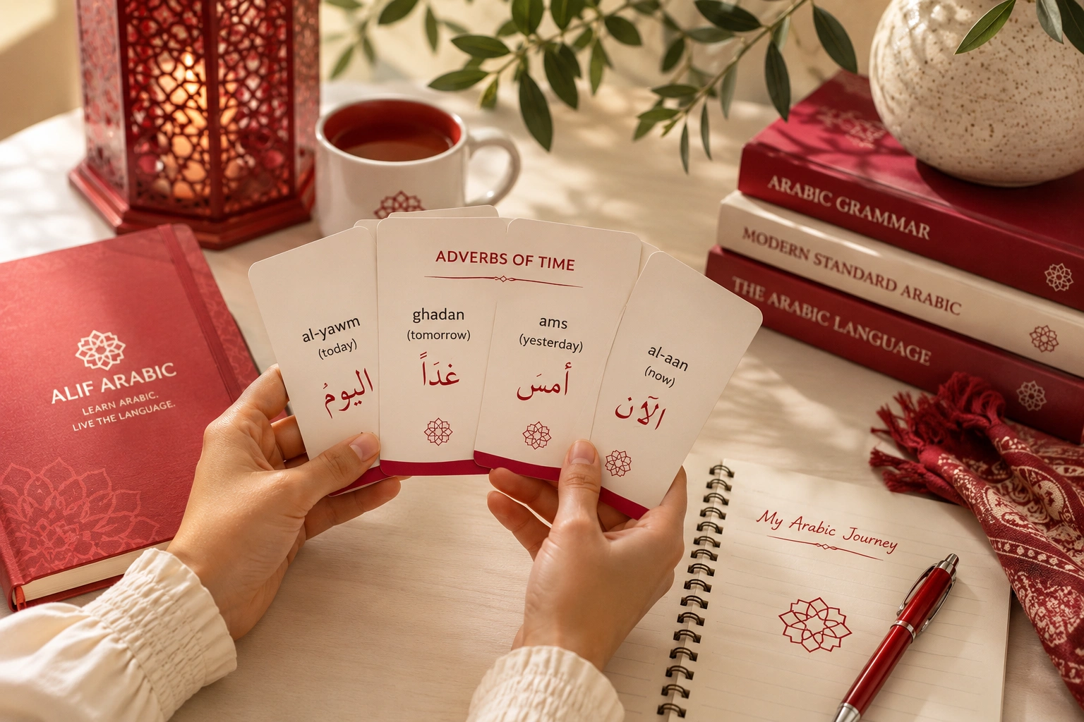 Arabic Adverbs of Time Flashcards — Today, Tomorrow, Yesterday, Now
Alt text: Hands holding Alif Arabic flashcards showing al-yawm, ghadan, ams, and al-aan, Arabic adverbs of time