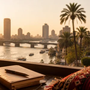 Egyptian Arabic study inspiration with a view of Cairo and the Nile at sunset from a cozy balcony workspace