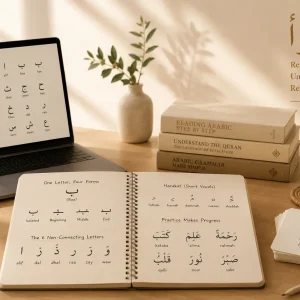 Arabic alphabet study workspace showing the 28 Arabic letters, letter forms, and beginner reading materials for learning the Arabic alphabet
