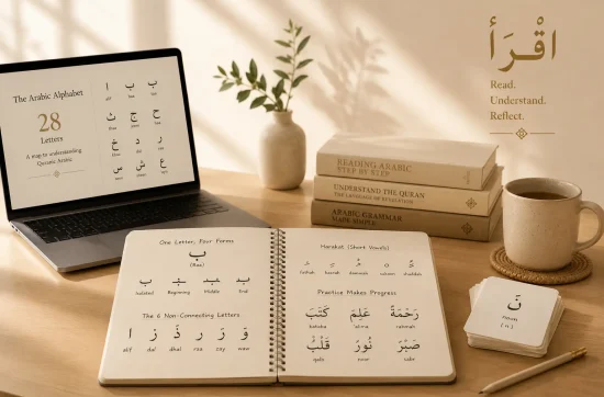 Arabic alphabet study workspace showing the 28 Arabic letters, letter forms, and beginner reading materials for learning the Arabic alphabet