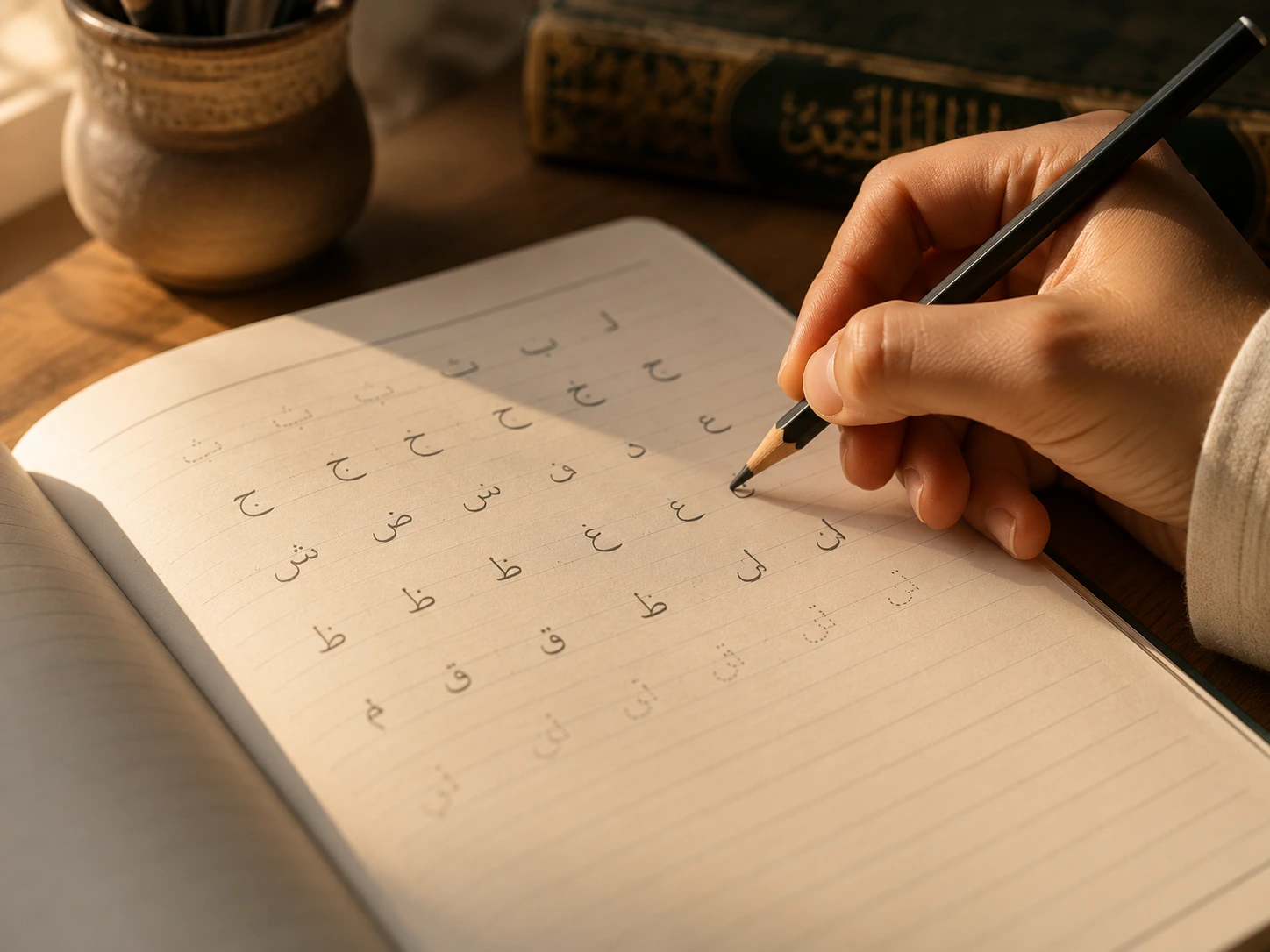 Hand tracing Arabic letters in a practice notebook with a pencil, beginner Arabic handwriting exercise
