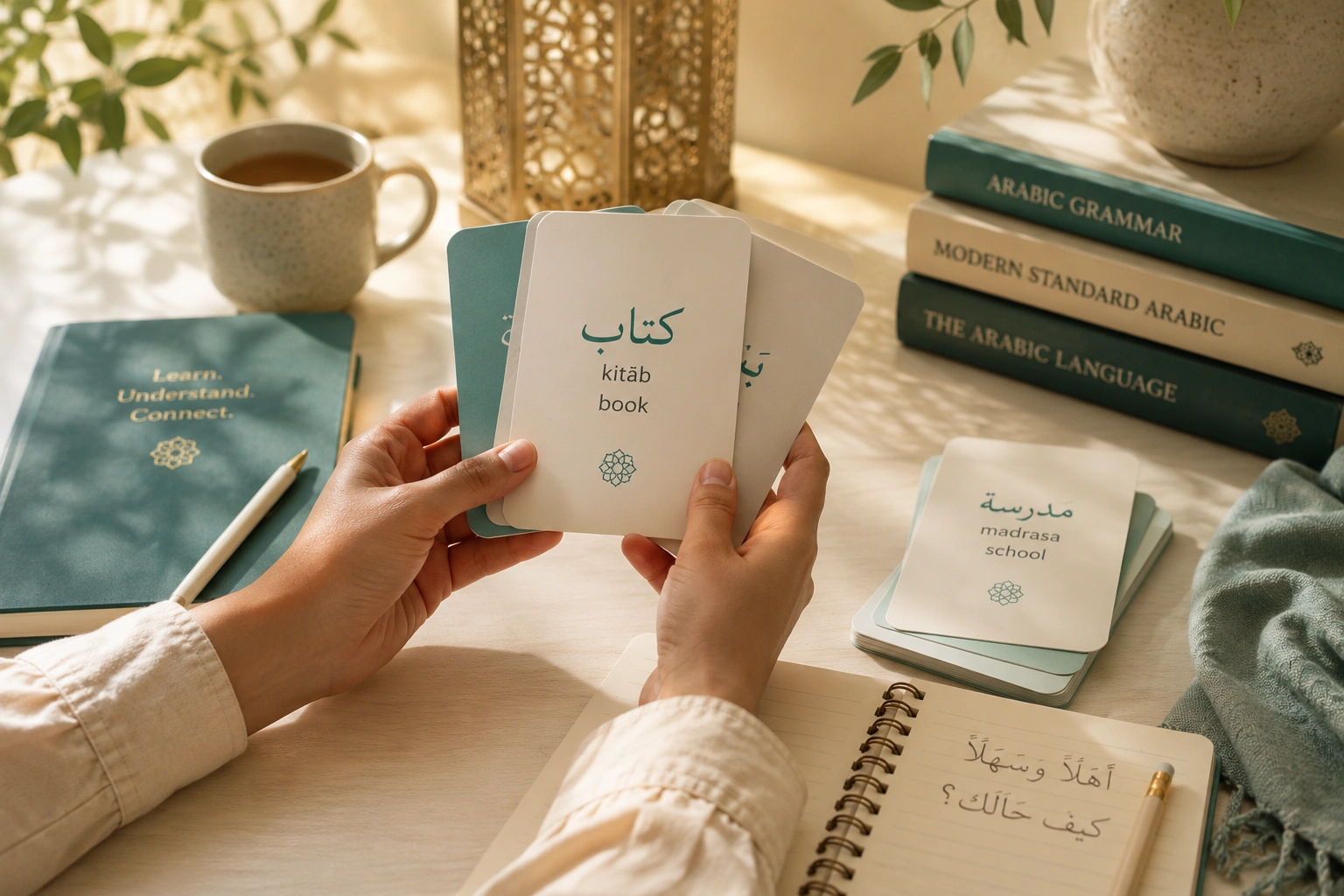 Hands holding Arabic vocabulary flashcards reading "kitab, book" beside Arabic grammar books reflecting how leaning Arabic work