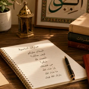Handwritten notebook listing basic Arabic phrases including as-salamu alaykum and al-hamdu lillah, next to Arabic vocabulary books and a lantern