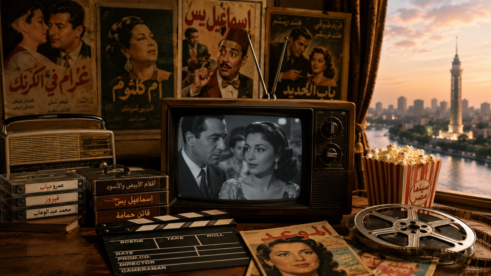 Vintage television and classic Egyptian cinema memorabilia representing the influence of Egyptian media across the Arab world.