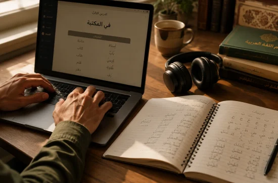 Hands typing on a laptop displaying an Arabic vocabulary lesson, beside a handwritten Arabic practice notebook, headphones, and books — desk setup for learning Arabic online