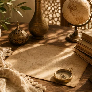 How old is Arabic language - vintage map, compass and books representing its ancient history