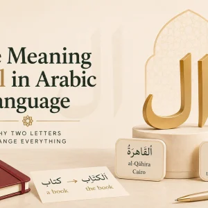 Hero graphic showing the meaning of al in Arabic language with examples al-kitab, al-Qahira, and ar-Rahman