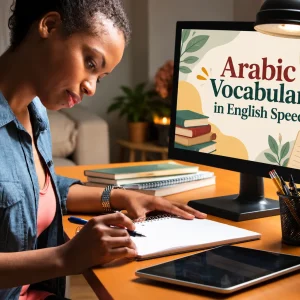 Learner writing in a notebook at a desk, with a screen showing the title Arabic Vocabulary in English Speech