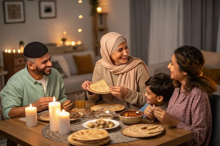 Family laughing together around a candlelit dinner table while sharing a home-cooked meal